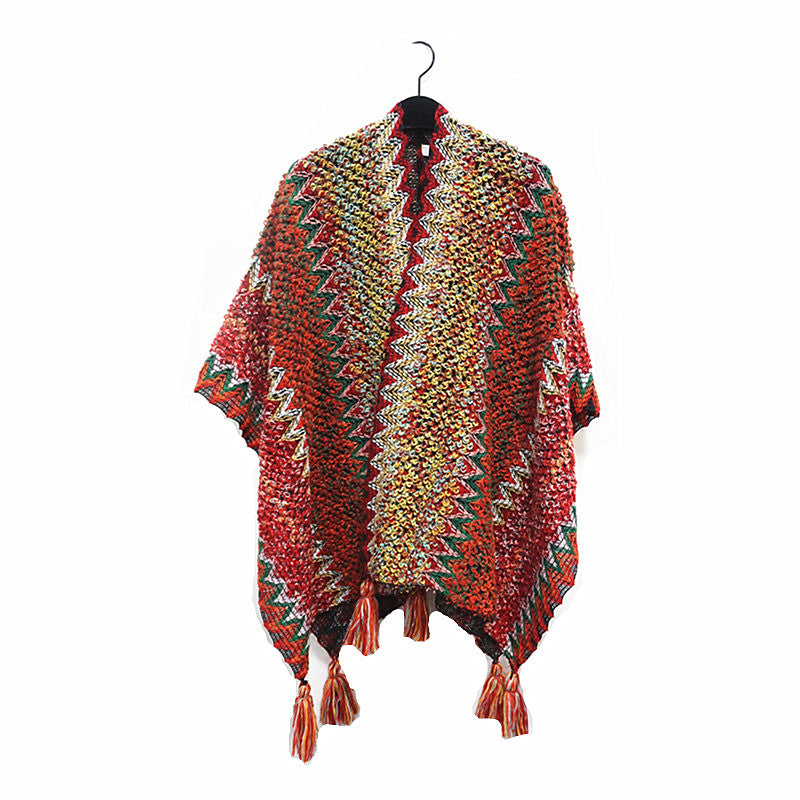 Winter Knitted Open Poncho Colourful with Tassel
