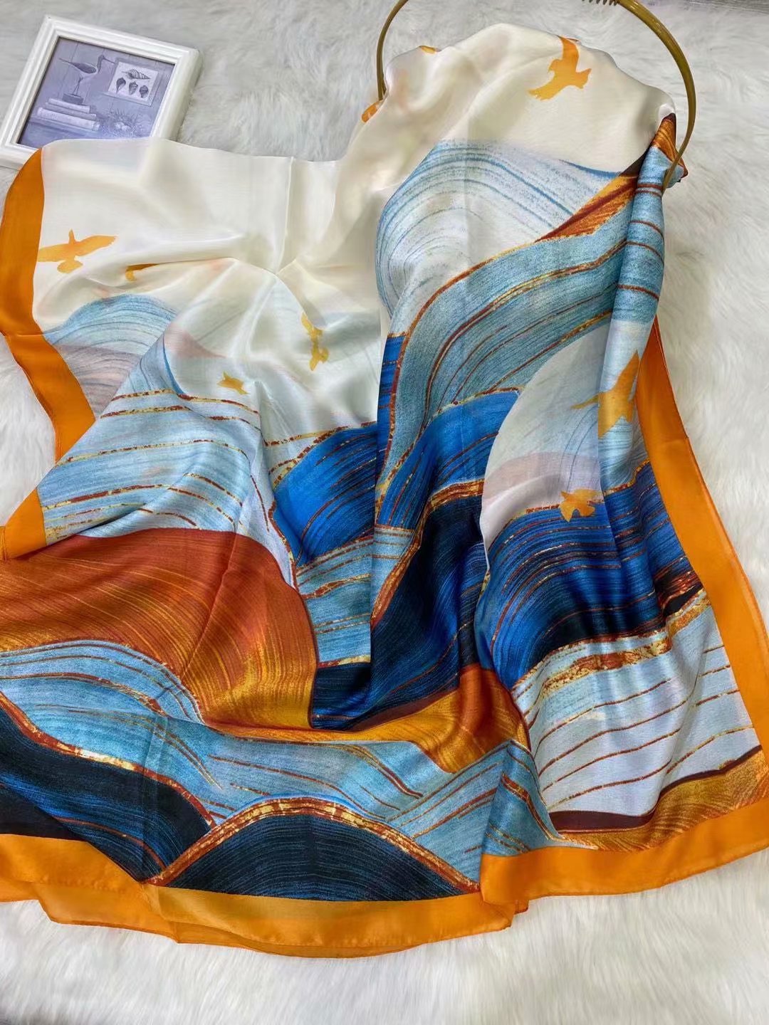 Silk Feel Scarf Bird & Waves Pattern