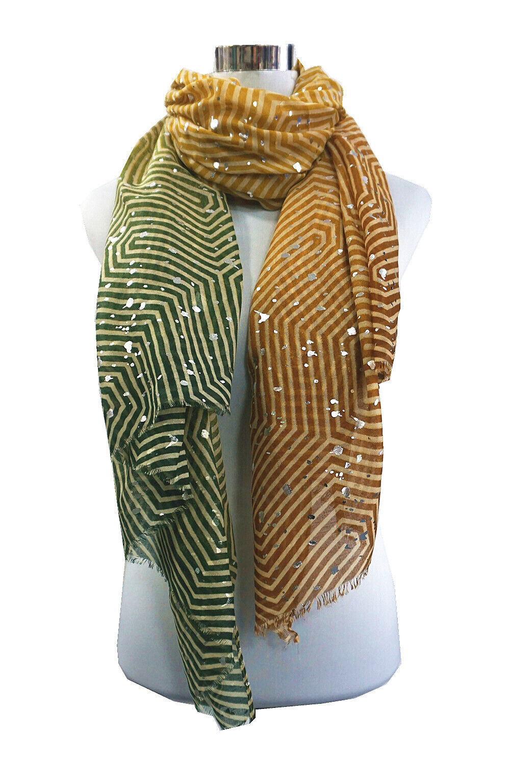 Multi colour Foiled Silver Dots Geometric Lines Pattern Scarf