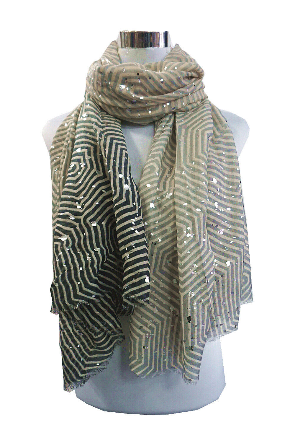 Multi colour Foiled Silver Dots Geometric Lines Pattern Scarf