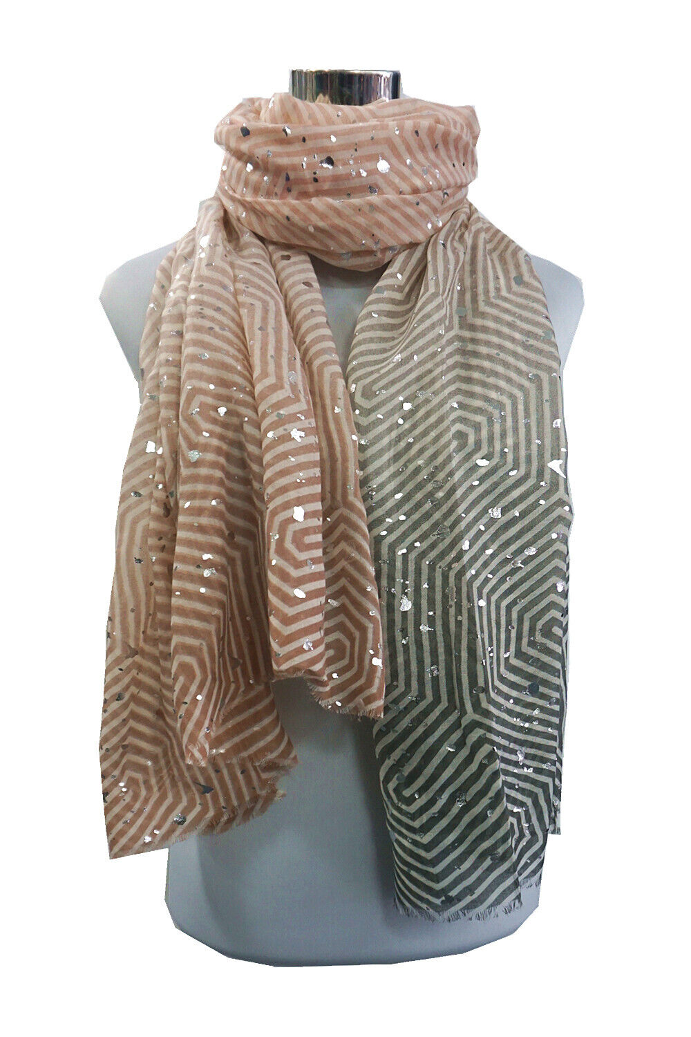 Multi colour Foiled Silver Dots Geometric Lines Pattern Scarf