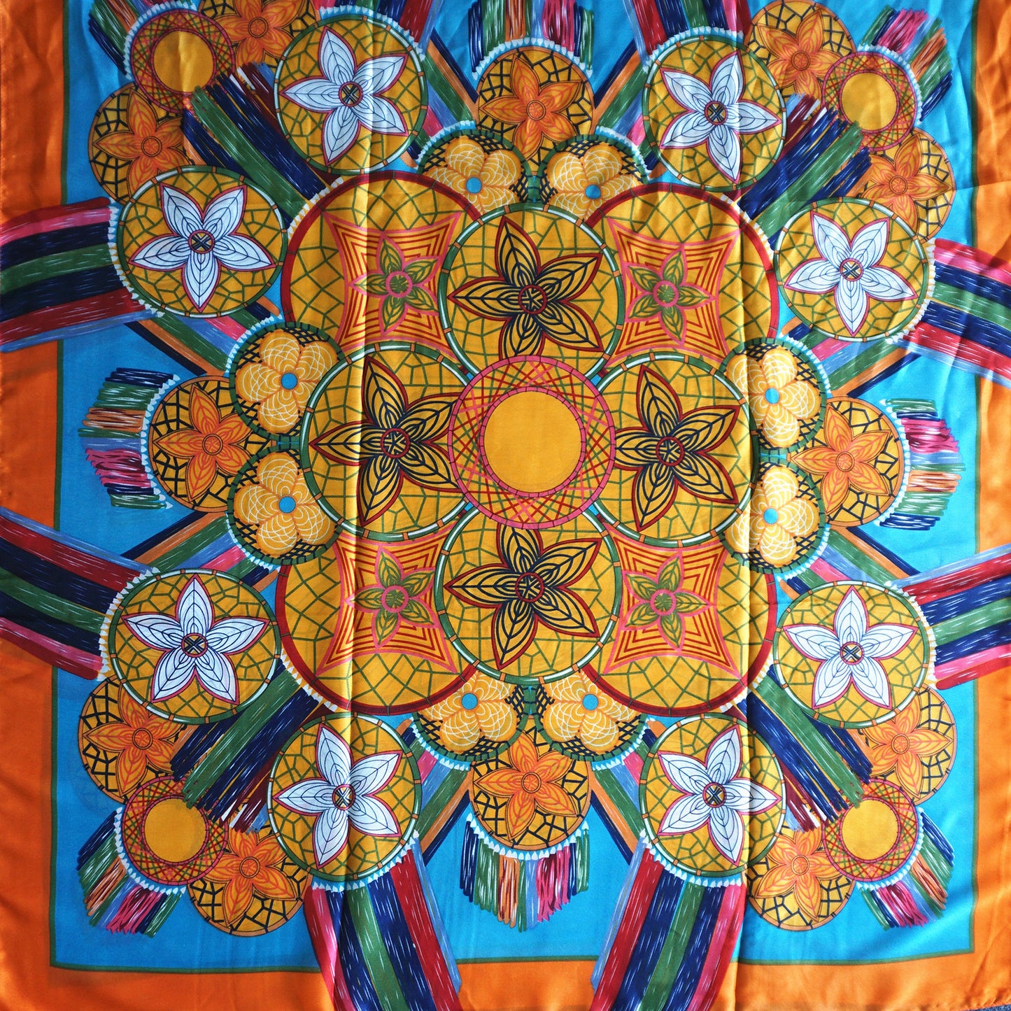 Silk Feel Scarf Orange Floral Pattern