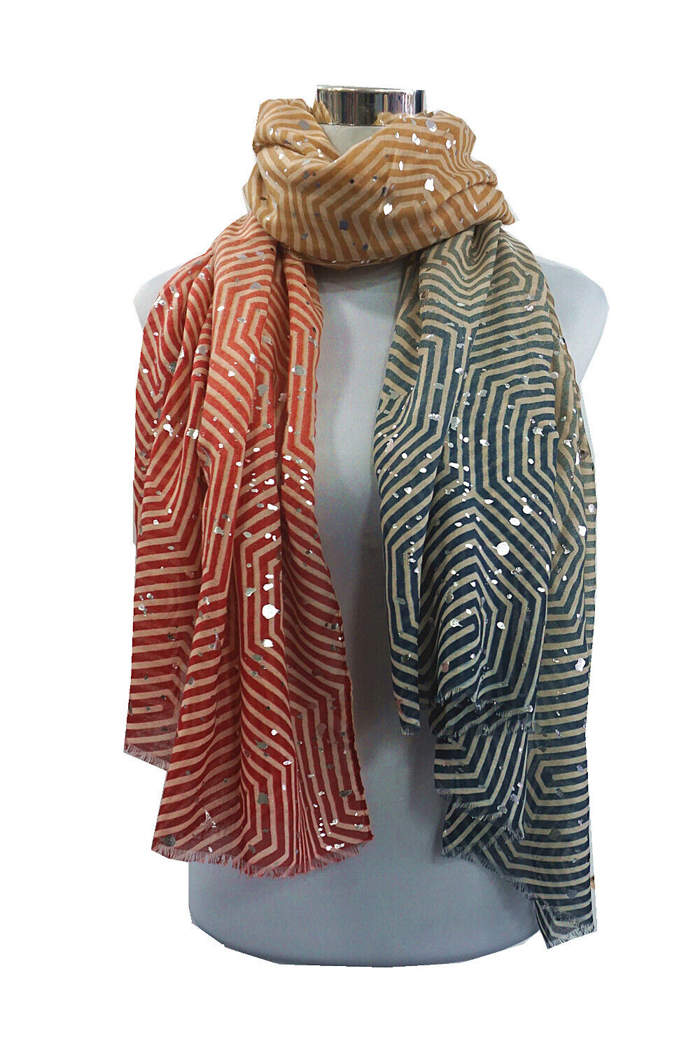 Multi colour Foiled Silver Dots Geometric Lines Pattern Scarf