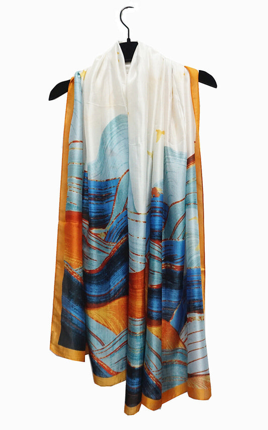 Silk Feel Scarf Bird & Waves Pattern
