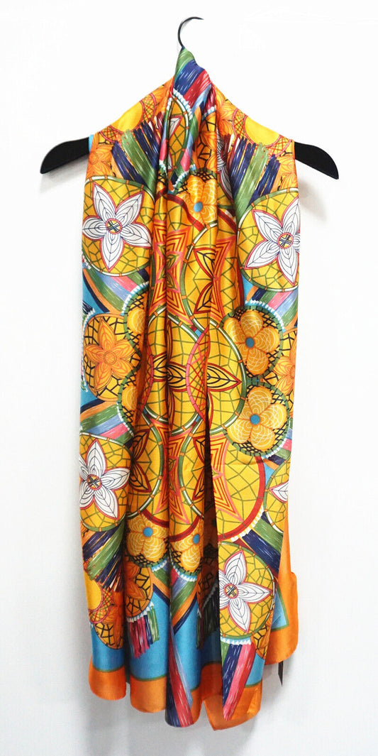 Silk Feel Scarf Orange Floral Pattern