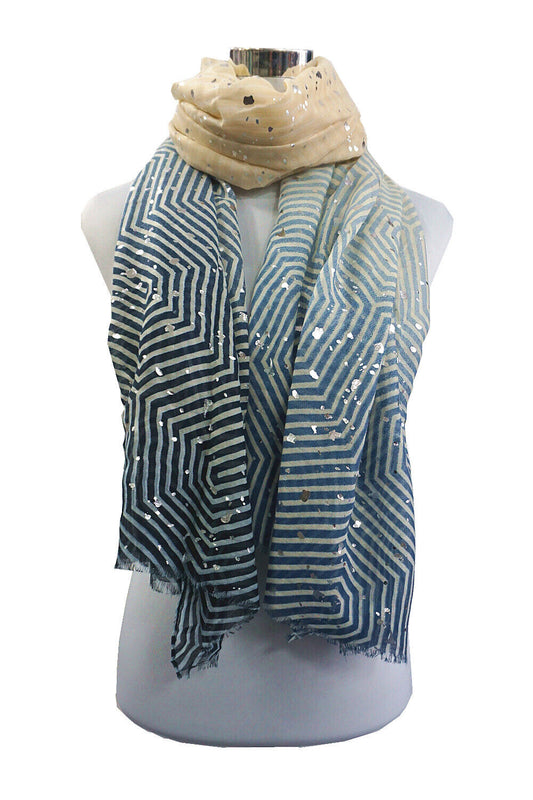 Multi colour Foiled Silver Dots Geometric Lines Pattern Scarf